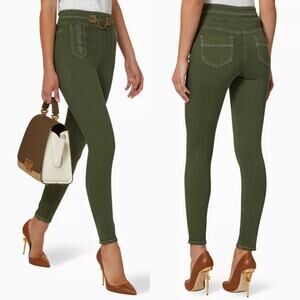 Elisabetta Franchi Olive Green Skinny High Rise Chain Detail Trouser Pants Sz 29